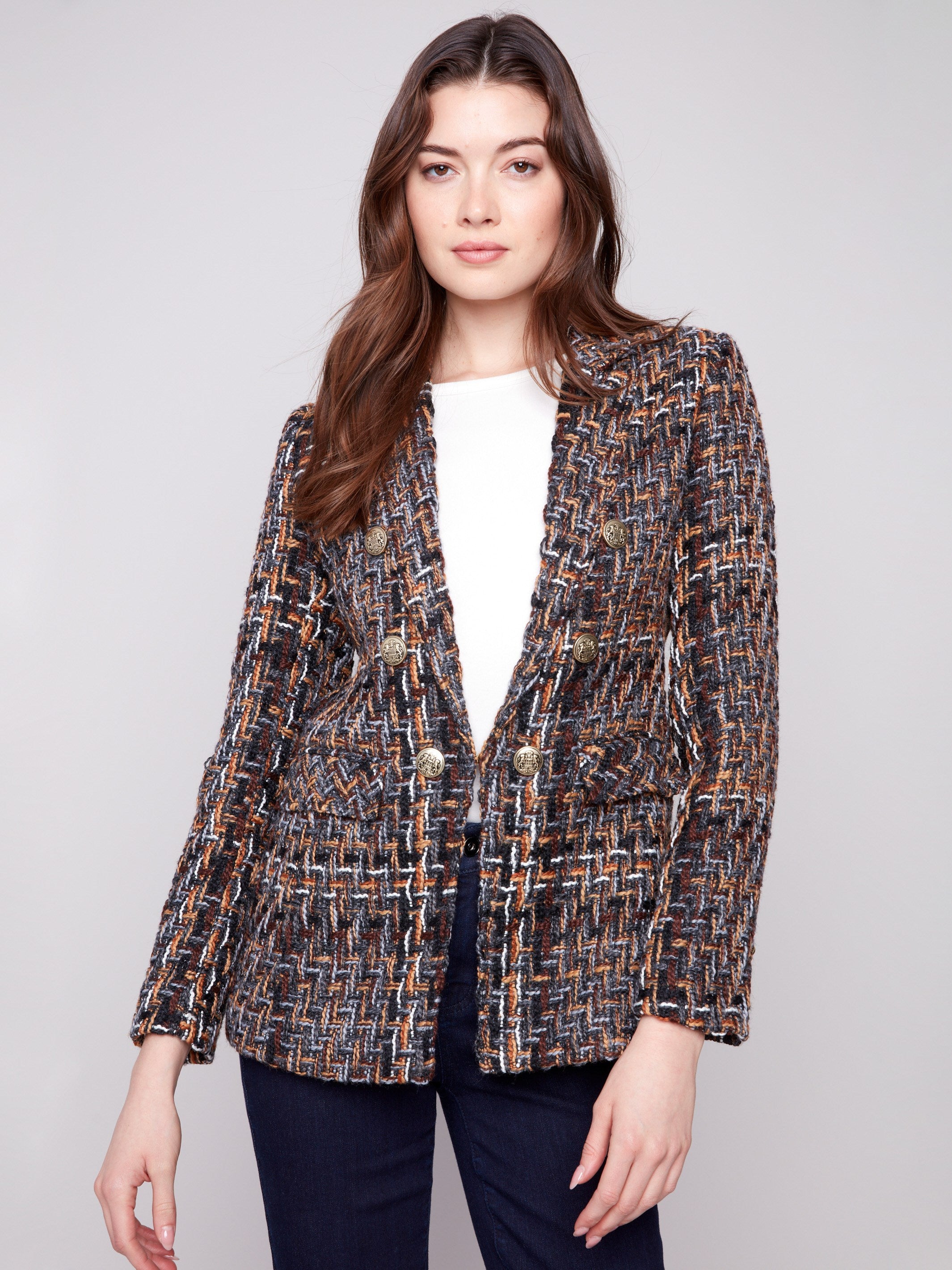 Women's chevron tweed blazer featuring a stylish notch lapel collar, perfect for a sophisticated look by Charlie B.