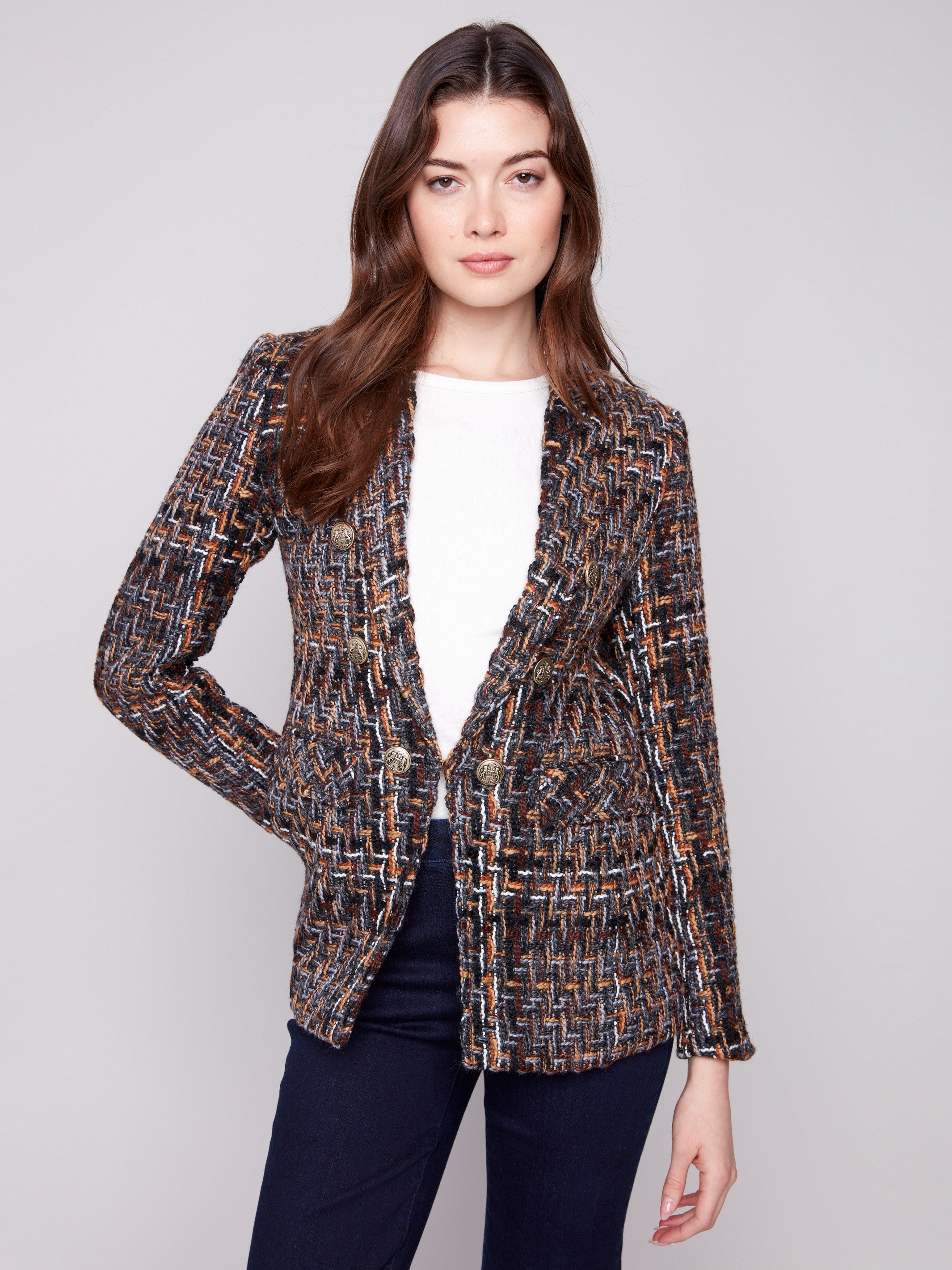 Women's blazer in classic chevron tweed with striking gold button details for a touch of luxury by Charlie B.