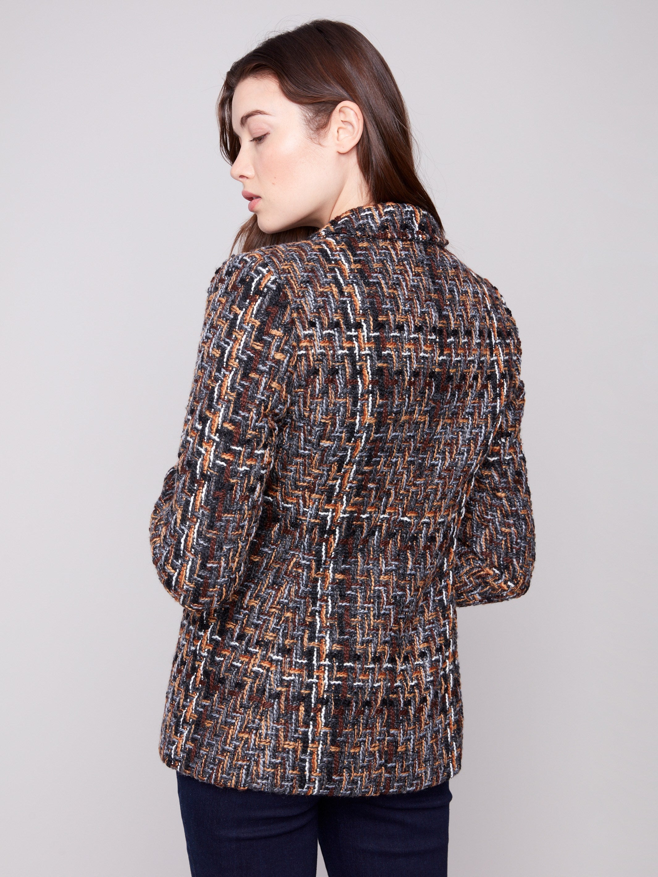 Chevron tweed fabric blazer offering timeless style and comfort, essential for your wardrobe by Charlie B.