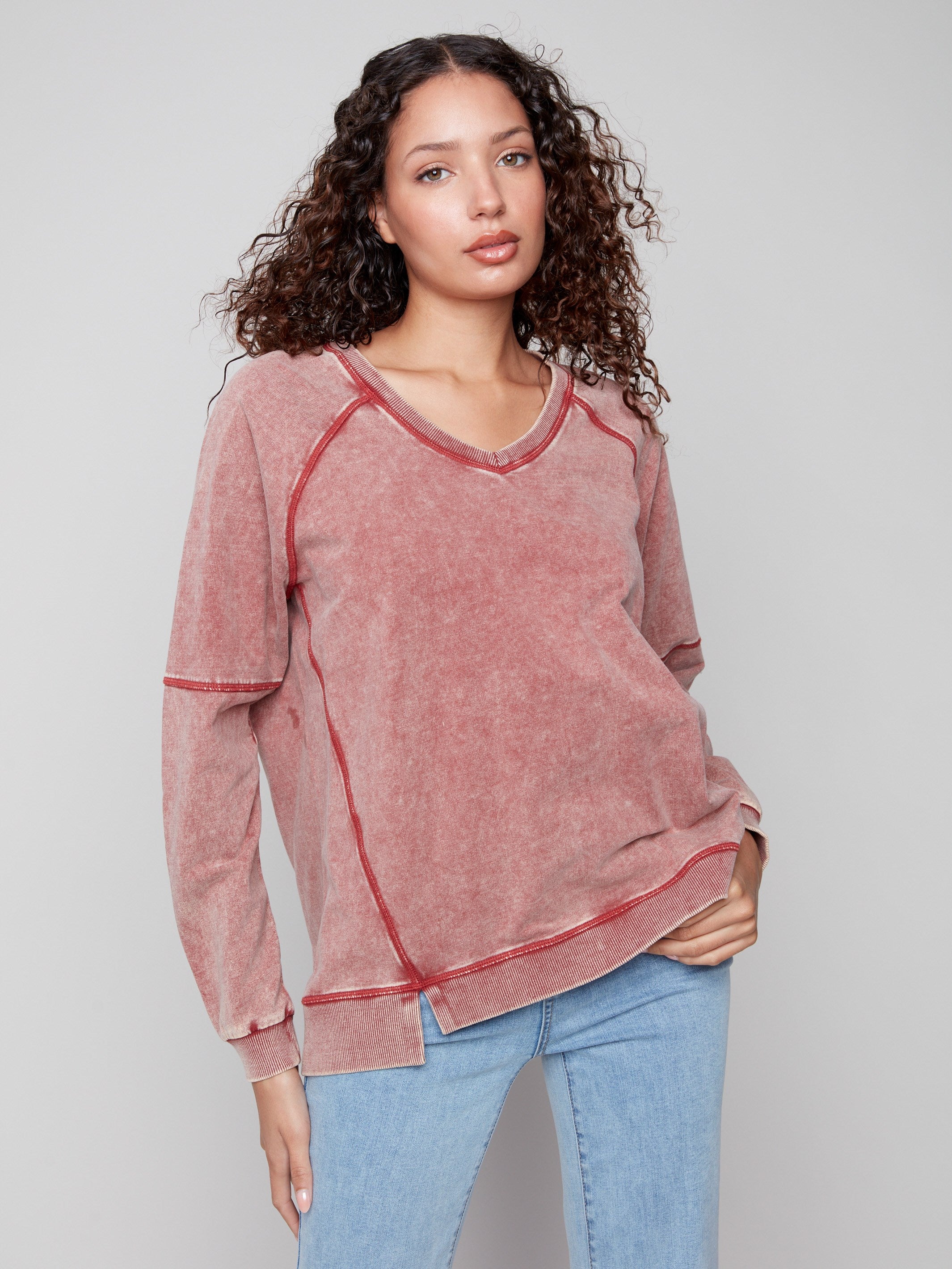 Cabernet V-neck top with relaxed fit, offering a laid-back and cozy vibe by Charlie B.