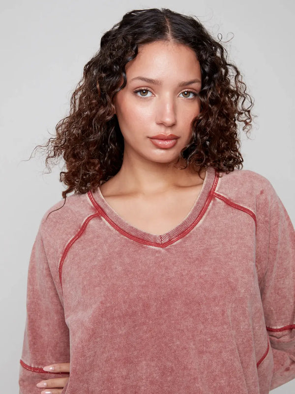 Cold Dye French Terry V-Neck Top - Cabernet