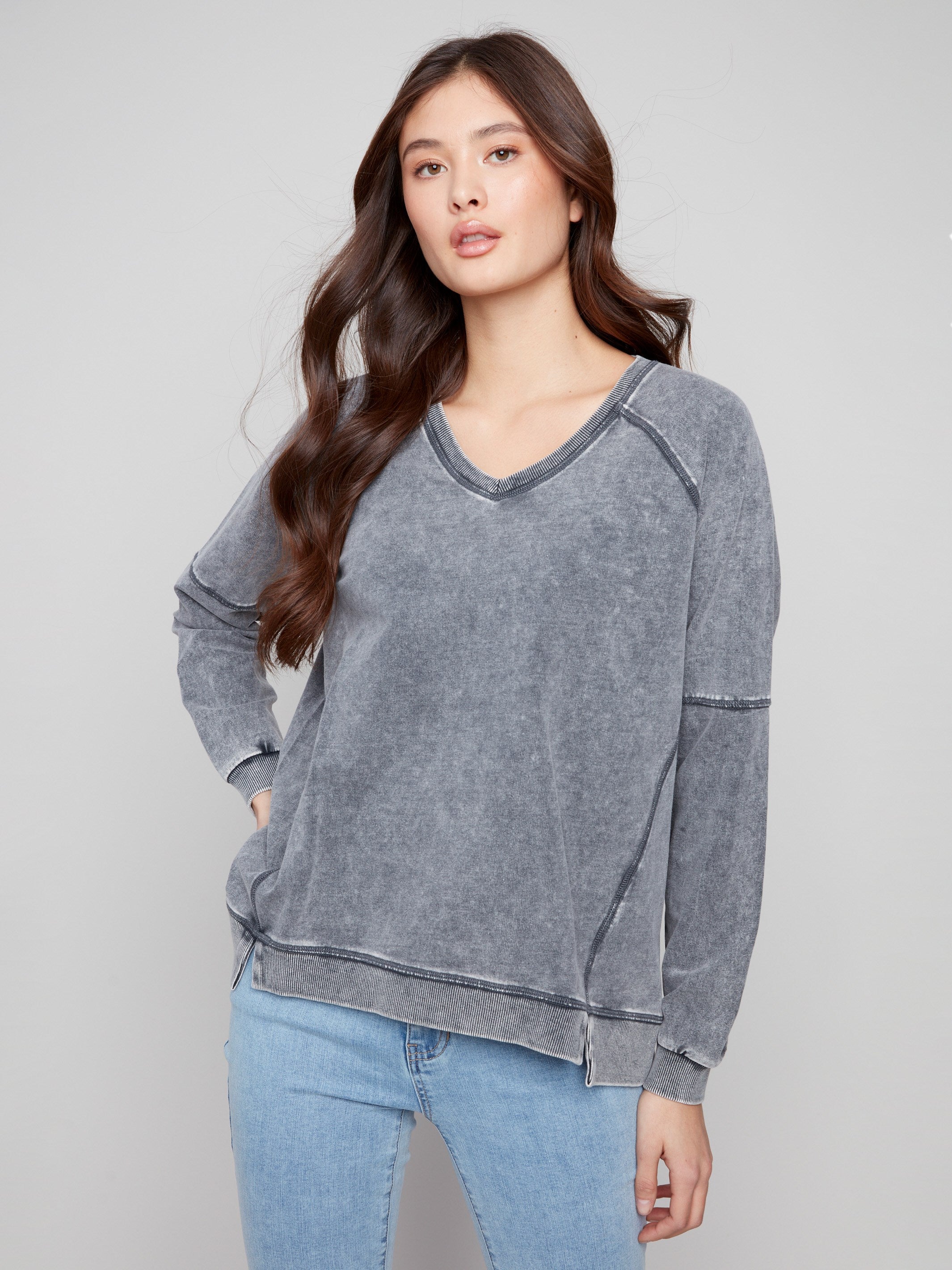 Charcoal V-neck top featuring a relaxed fit, perfect for a laid-back yet stylish look by Charlie B.