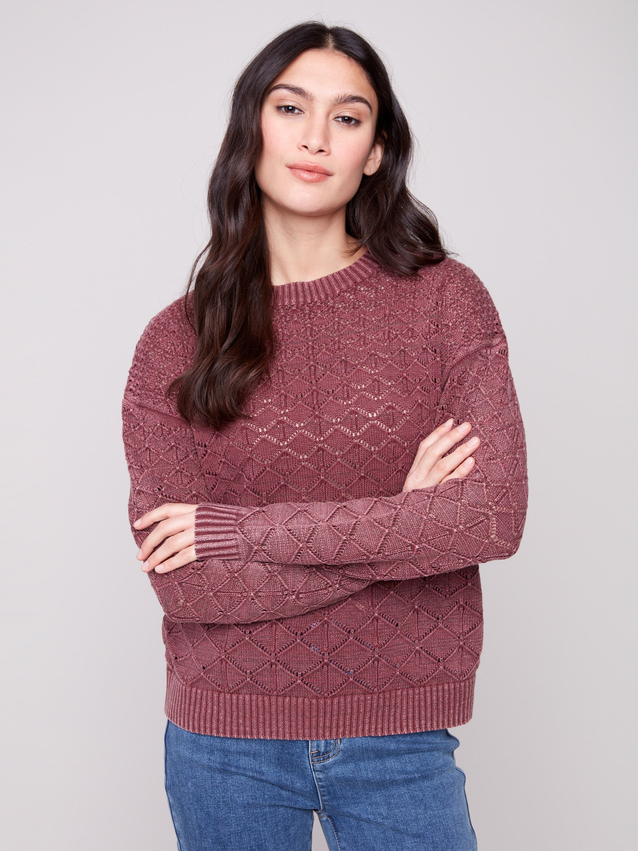 Cabernet sweater featuring a classic crew neck design, perfect for a cozy look by Charlie B.