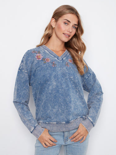 Denim blue terry top with stretch cotton and floral embroidery, perfect for casual outings by Charlie B.