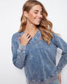 V-neck terry top in denim blue featuring embroidered flowers and a relaxed fit by Charlie B.
