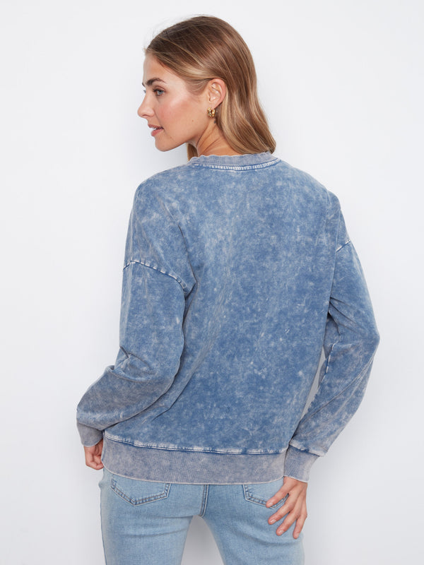 Haut à col en V en molleton teint à froid - Denim