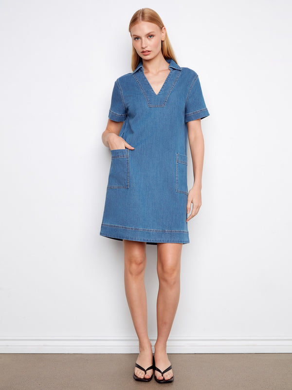 Denim dress featuring a classic collared V-neck design, perfect for a casual yet stylish look. By Charlie B.
