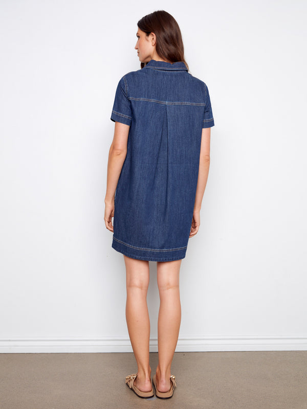 Collared V-Neck Denim Dress - Indigo