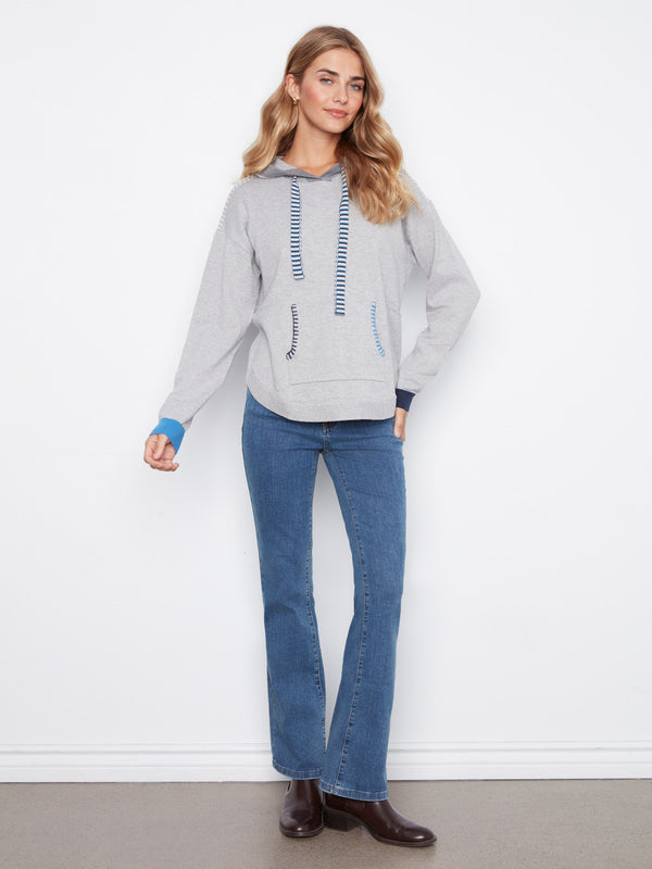 Chandail à capuchon avec détails contrastants - Gris chiné