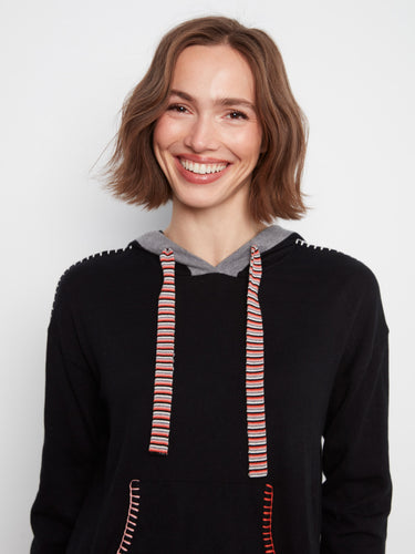 Hooded sweater in black featuring colorful drawstrings for an eye-catching detail by Charlie B.