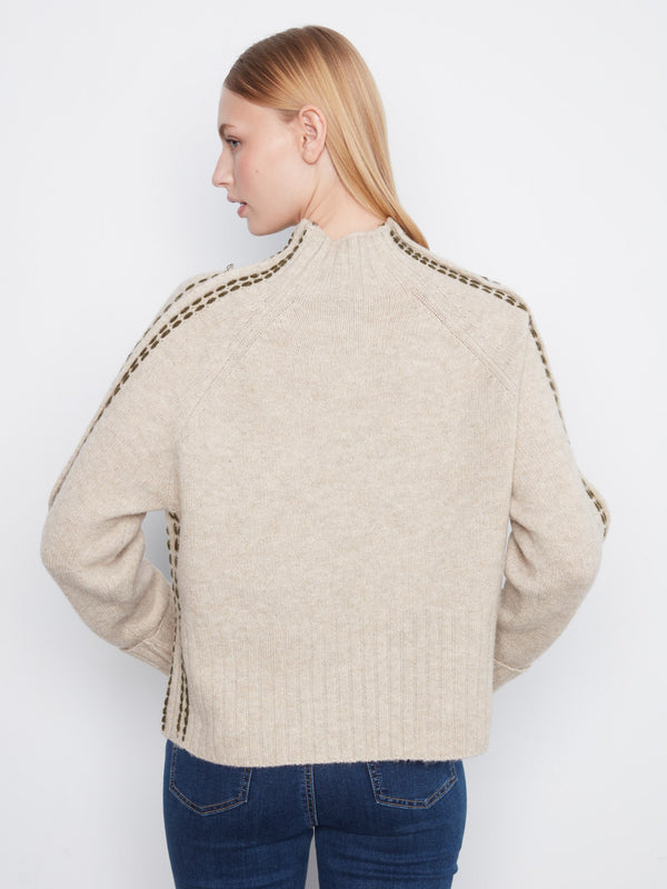 Chandail à col montant avec coutures contrastantes - Avoine Chiné