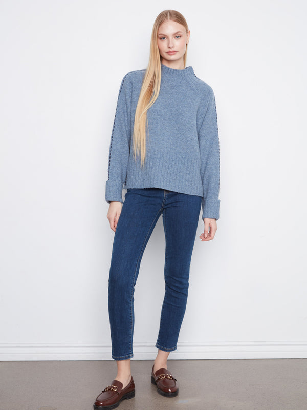 Chandail à col montant avec coutures contrastantes - Denim Chiné