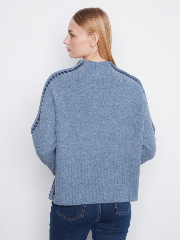 Chandail à col montant avec coutures contrastantes - Denim Chiné
