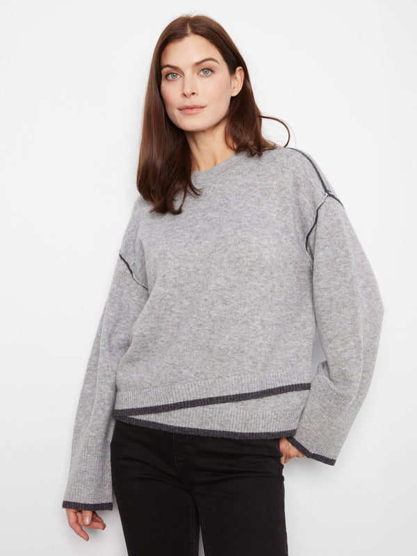 Chandail à col rond avec détails contrastants - Gris pâle chiné