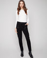Black corduroy jogger pants featuring a slim fit and elastic waistband with drawstrings for comfort by Charlie B.