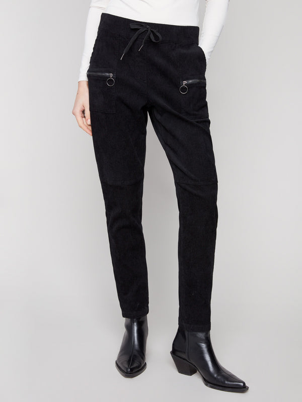Stylish black jogger pants in stretchy corduroy fabric, perfect for a pull-on style with zipper details by Charlie B.