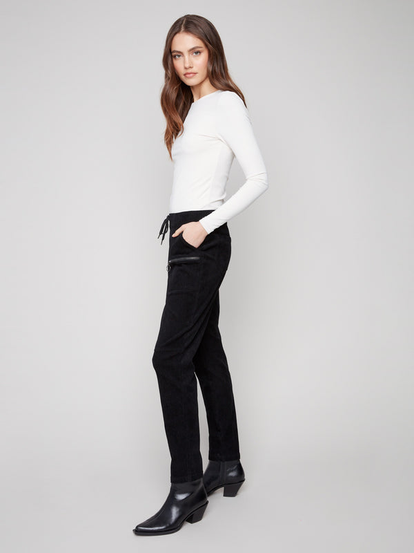 Mid-rise waist black joggers crafted from soft corduroy, complete with two front pockets and drawstring by Charlie B.