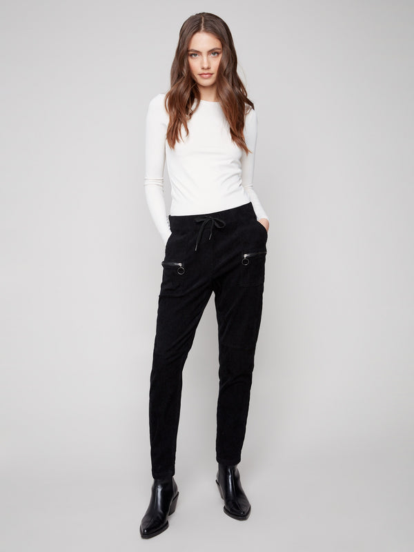 Comfortable black corduroy joggers showcasing two back pockets and a chic pull-on style by Charlie B.