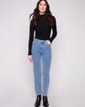 Blue denim corduroy pants featuring a long length and five-pocket design, perfect for versatile styling by Charlie B.