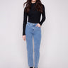 Blue denim corduroy pants featuring a long length and five-pocket design, perfect for versatile styling by Charlie B.