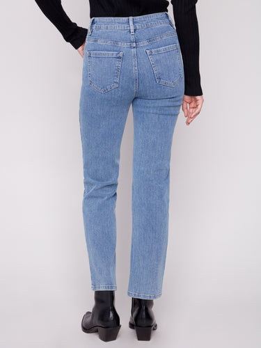 Enjoy the regular rise fit of these blue denim pants with their classic straight-leg cut by Charlie B.