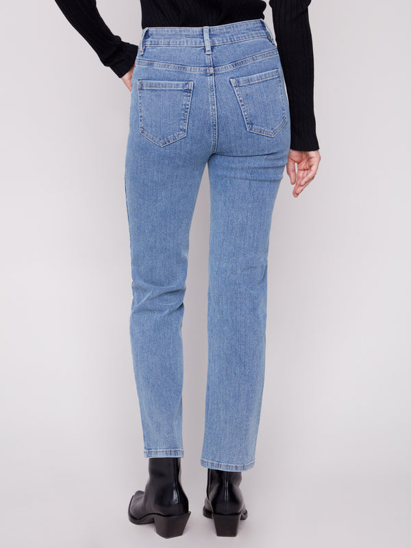 Enjoy the regular rise fit of these blue denim pants with their classic straight-leg cut by Charlie B.