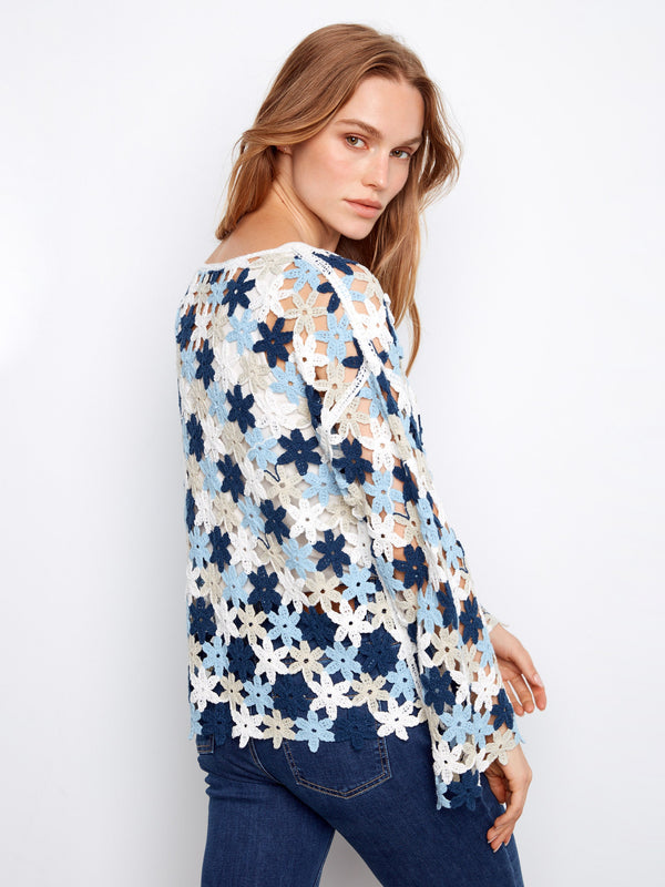Cotton Blend Crochet Flower Top - Haze