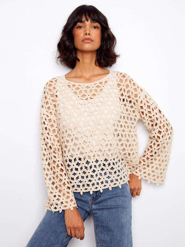 Haut en crochet à fleurs en mélange de coton - Naturel