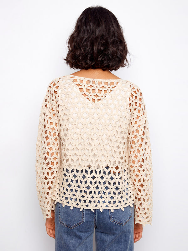 Cotton Blend Crochet Flower Top - Natural