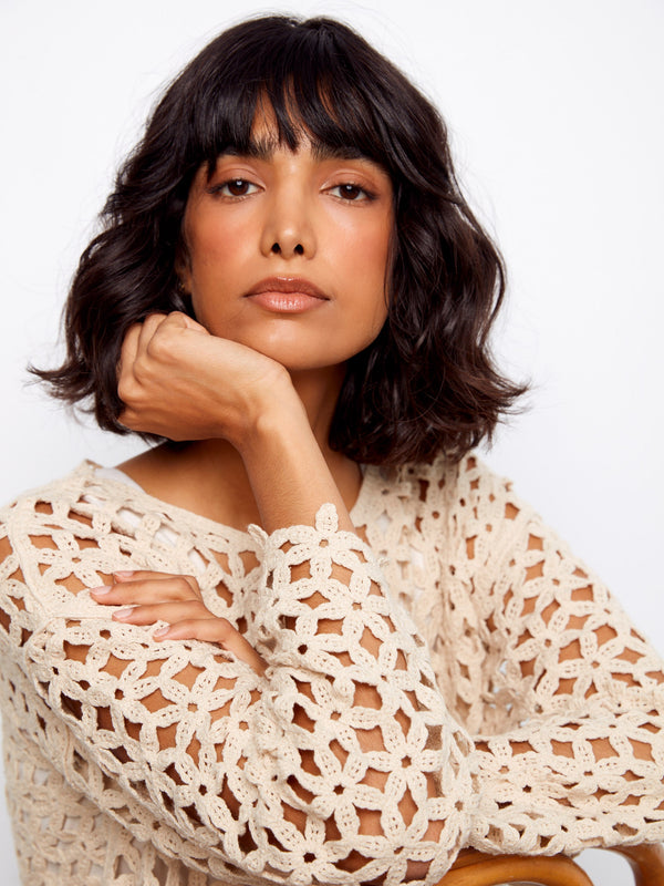 Cotton Blend Crochet Flower Top - Natural