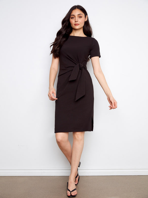 Cotton Boat Neck Dress - Black