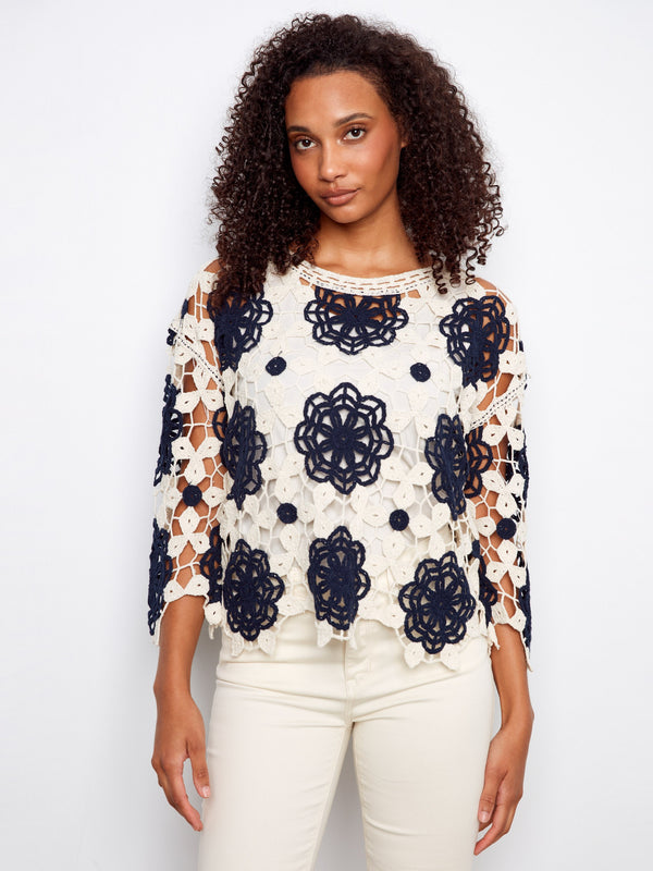 Cotton Crochet Flower Top - Navy