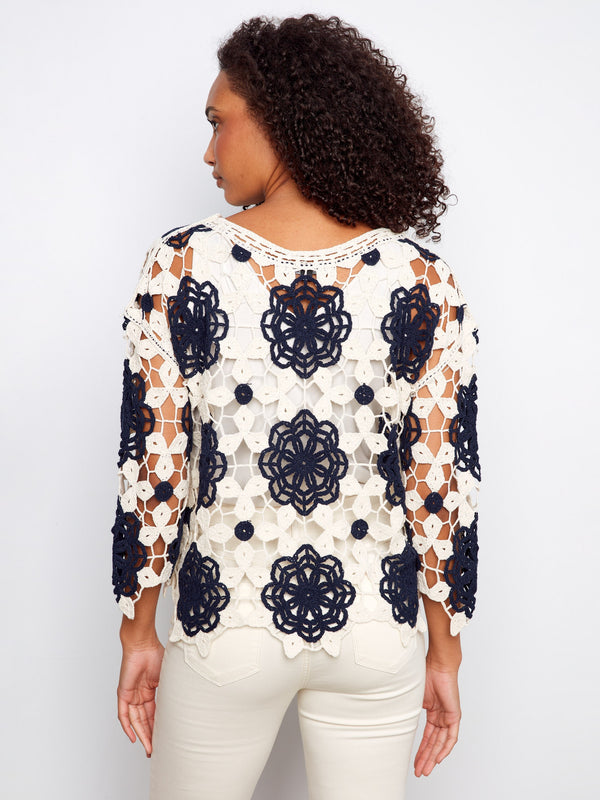 Cotton Crochet Flower Top - Navy