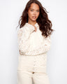 Elegant crochet hoodie sweater featuring a hooded design and delicate open-knit pattern, made from 100% cotton by Charlie B.