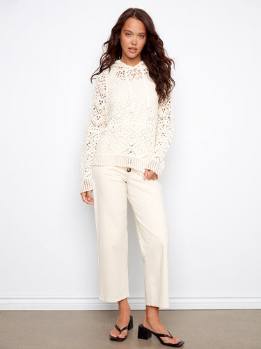 Chic crochet hoodie sweater with adjustable drawstrings for a customizable fit, crafted from natural cotton by Charlie B.
