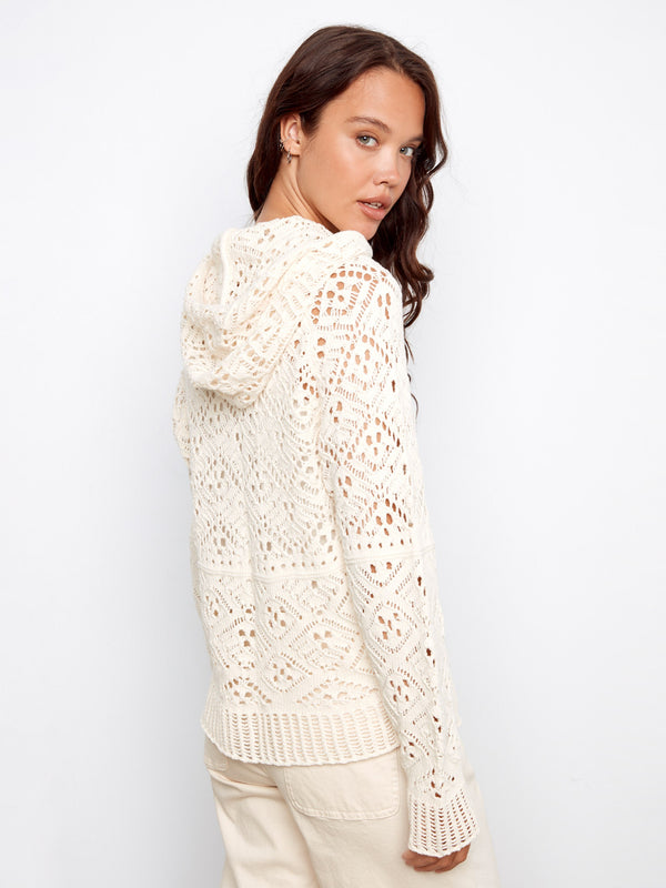 Beautifully crafted 100% cotton crochet hoodie with a cozy hooded design and elegant knit pattern by Charlie B.