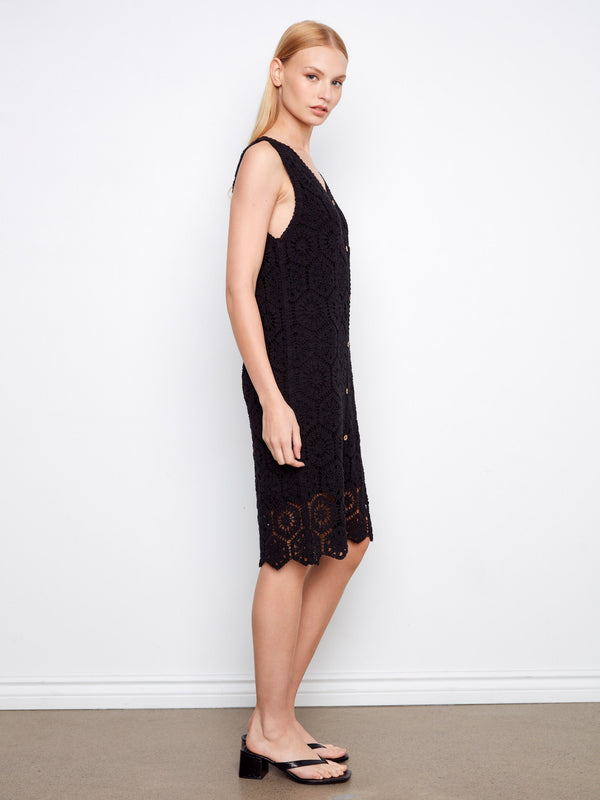 Cotton Crochet Sleeveless Dress - Black