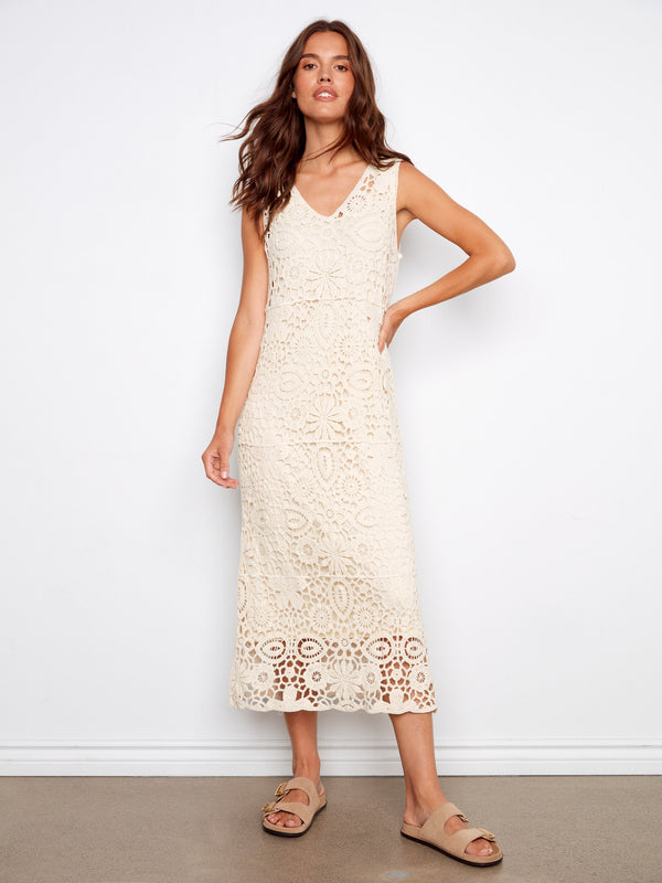 Cotton Crochet Sleeveless Maxi Dress - Natural