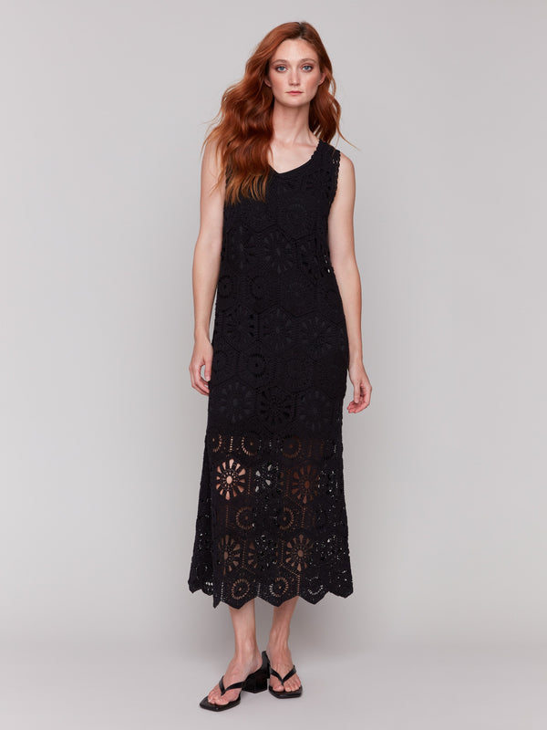 Black crochet maxi dress with ankle length elegance by Charlie B.