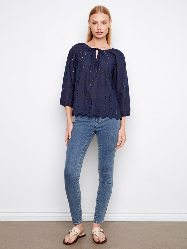 Cotton Eyelet Blouse - Navy