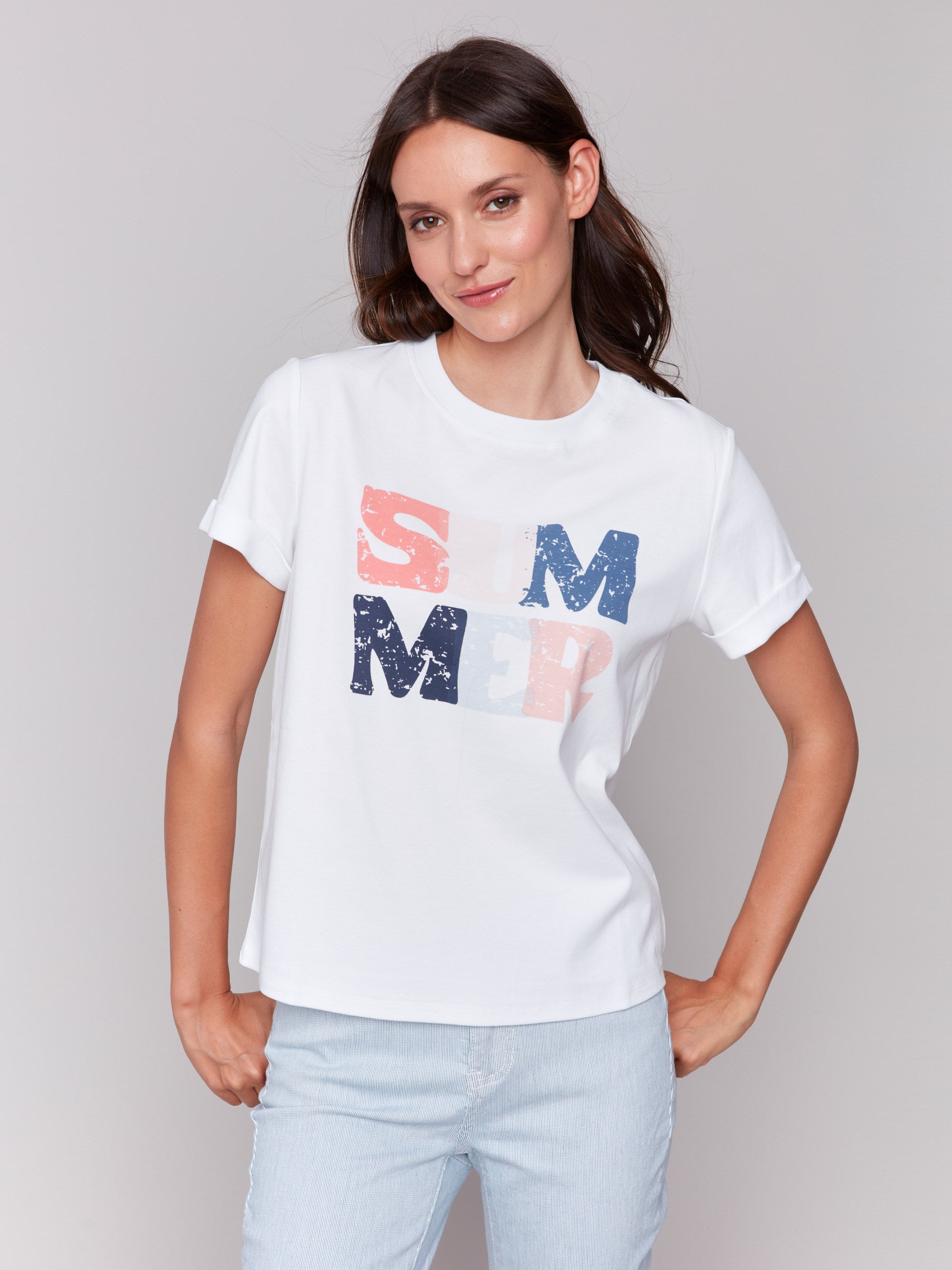 Relaxed fit white cotton t-shirt with graphic 'SUMMER' design by Charlie B.
