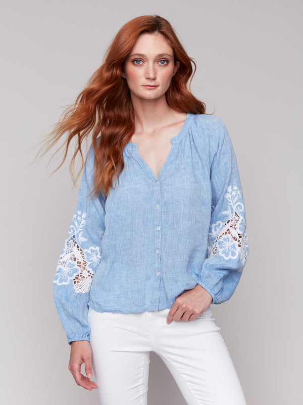 Unique design with intricate sleeve detailing in chambray fabric by Charlie B.