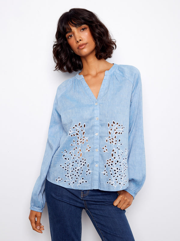 Cotton-Linen Button-Front Embroidered Blouse - Chambray