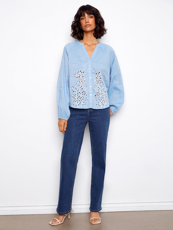 Cotton-Linen Button-Front Embroidered Blouse - Chambray