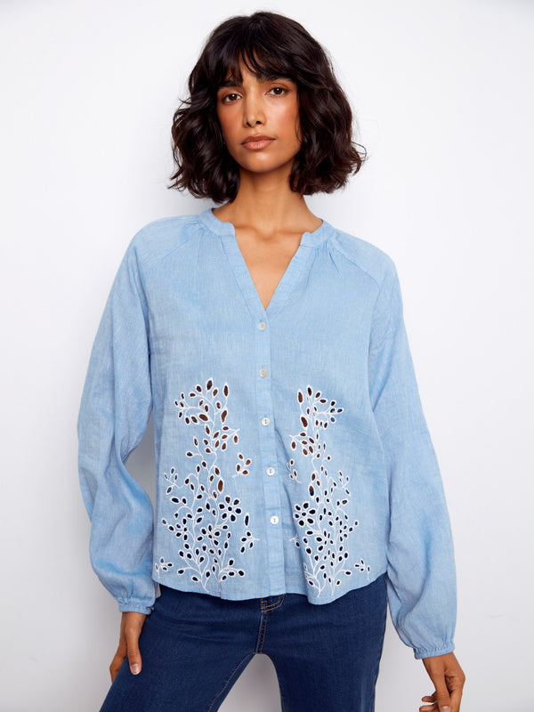 Cotton-Linen Button-Front Embroidered Blouse - Chambray