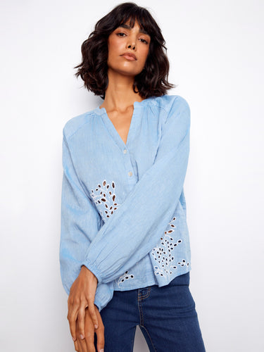 Versatile shirt with a stand neckline and beautiful eyelet patterns, great for layering by Charlie B.
