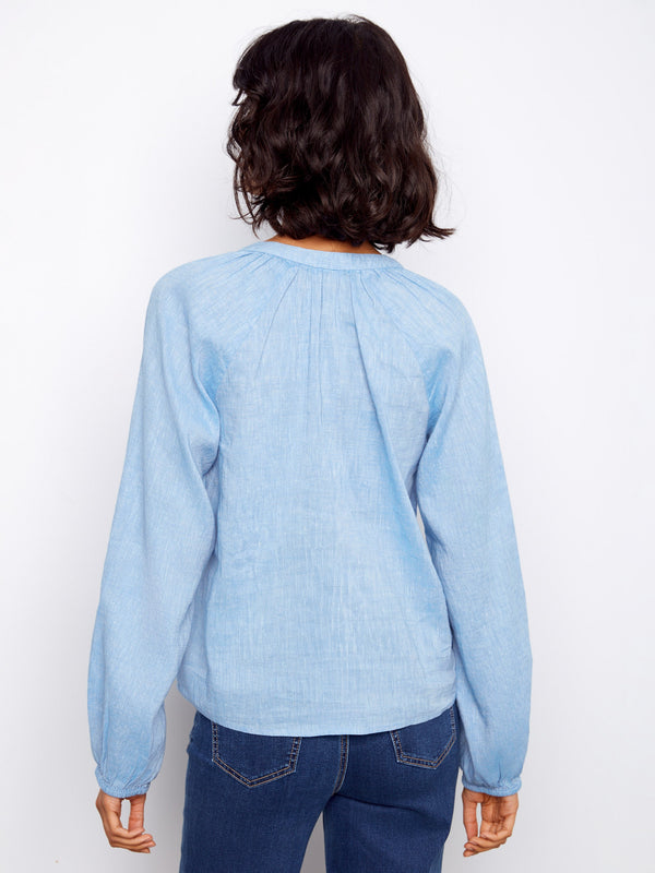 Cotton-Linen Button-Front Embroidered Blouse - Chambray