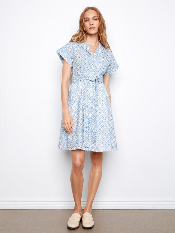 Cotton Short Sleeve Button-Front Dress - White