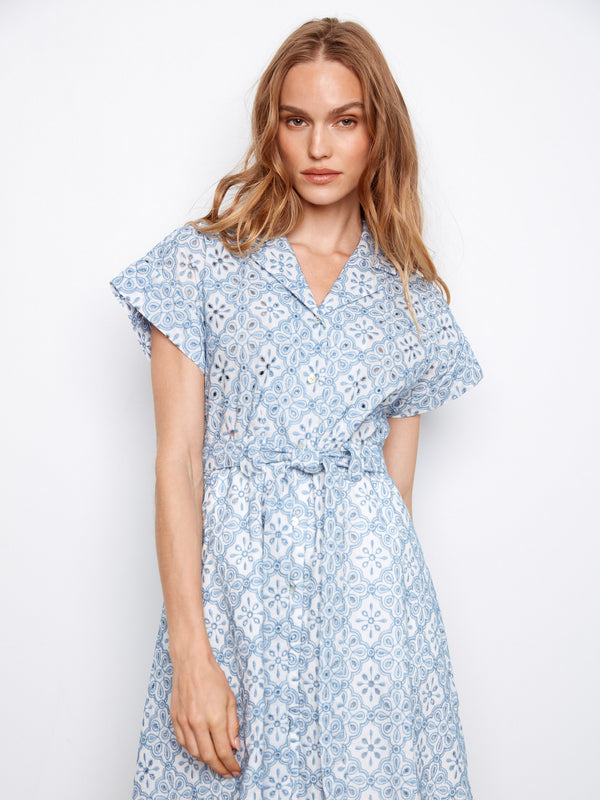 Cotton Short Sleeve Button-Front Dress - White