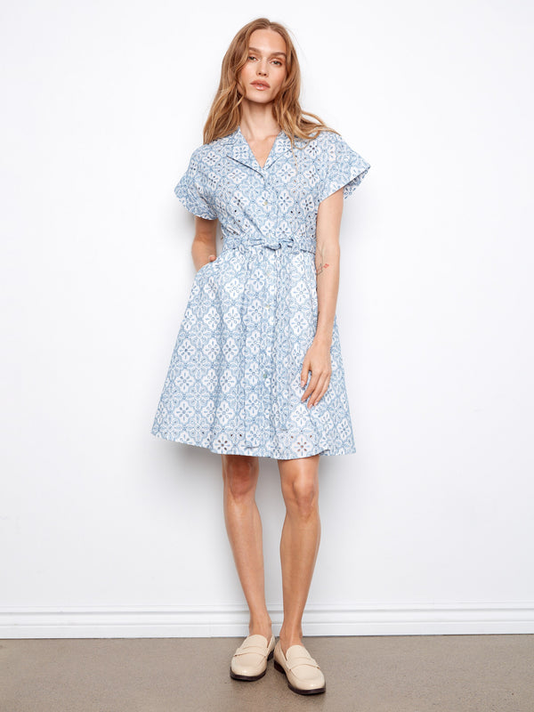 Cotton Short Sleeve Button-Front Dress - White